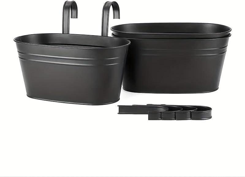 5 Pack Black Metal Hanging Rail Planters – Flower Pots for Balcony, Fence & Deck