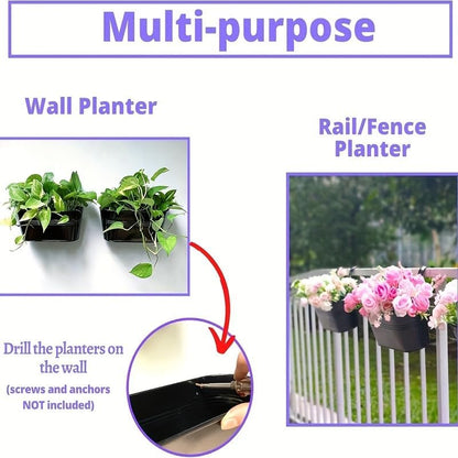 5 Pack Black Metal Hanging Rail Planters – Flower Pots for Balcony, Fence & Deck