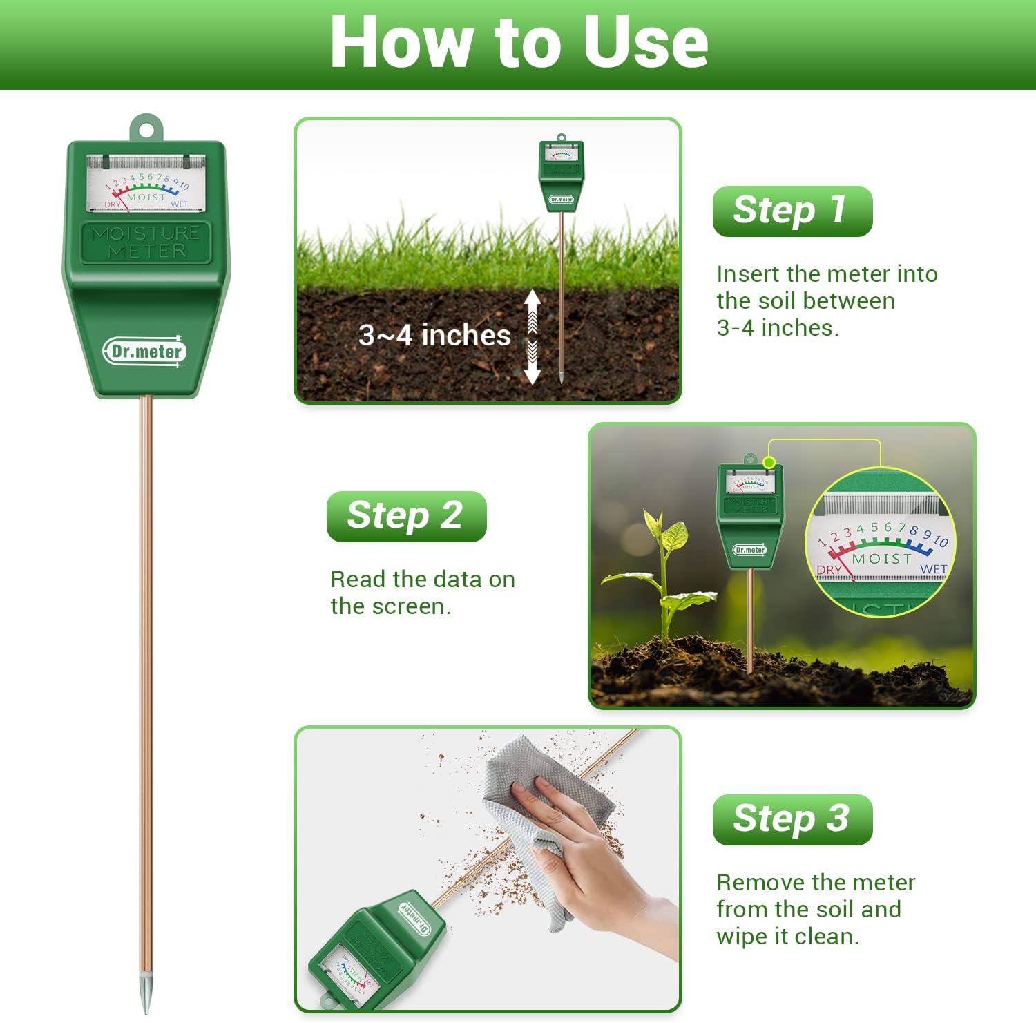 Soil Moisture Meter, Plant Water Meter for Garden Lawn Farm Indoor & Outdoor Use, Soil Tester Hygrometer Sensor for House Plants, Gardening Gifts, No Battery Needed
