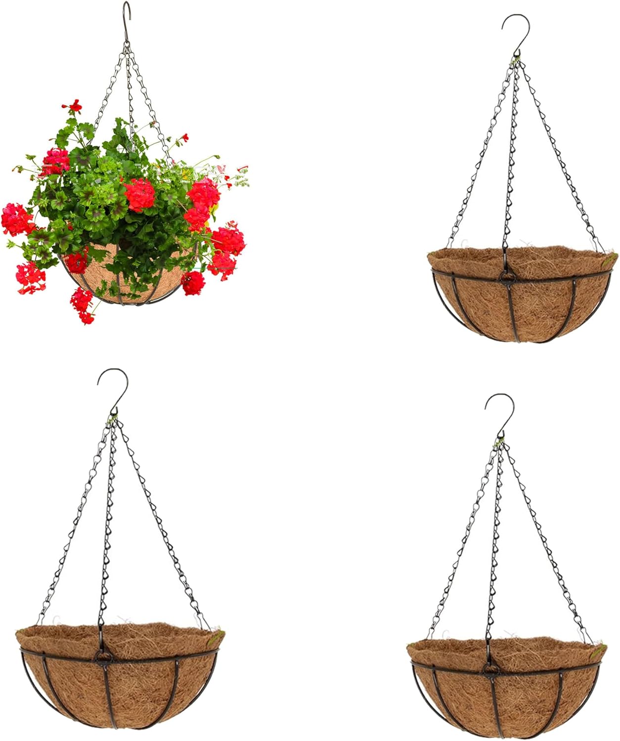 4 Pack 10" Metal Hanging Baskets with Coco Liners – Outdoor & Indoor Planters for Flowers and Gardens