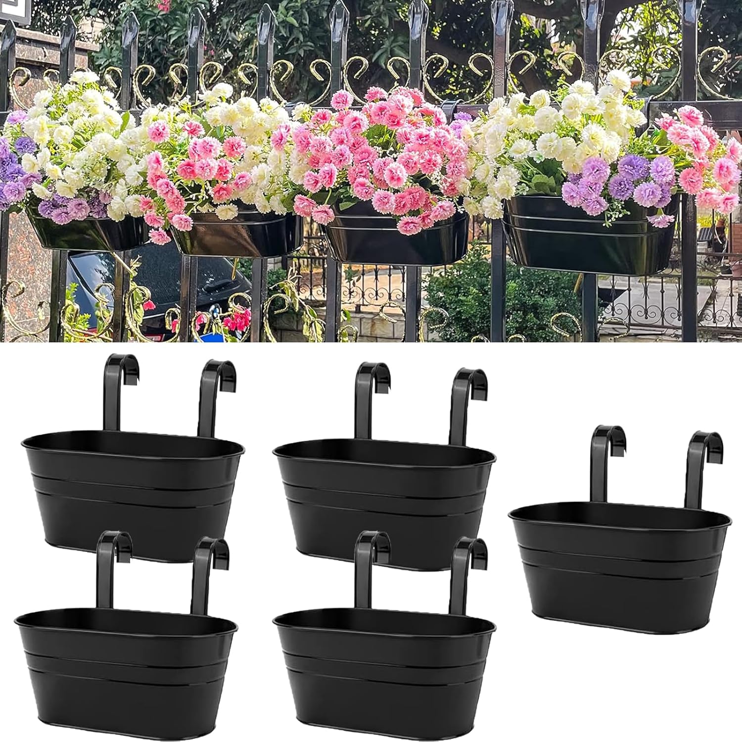 5 Pack Black Metal Hanging Rail Planters – Flower Pots for Balcony, Fence & Deck
