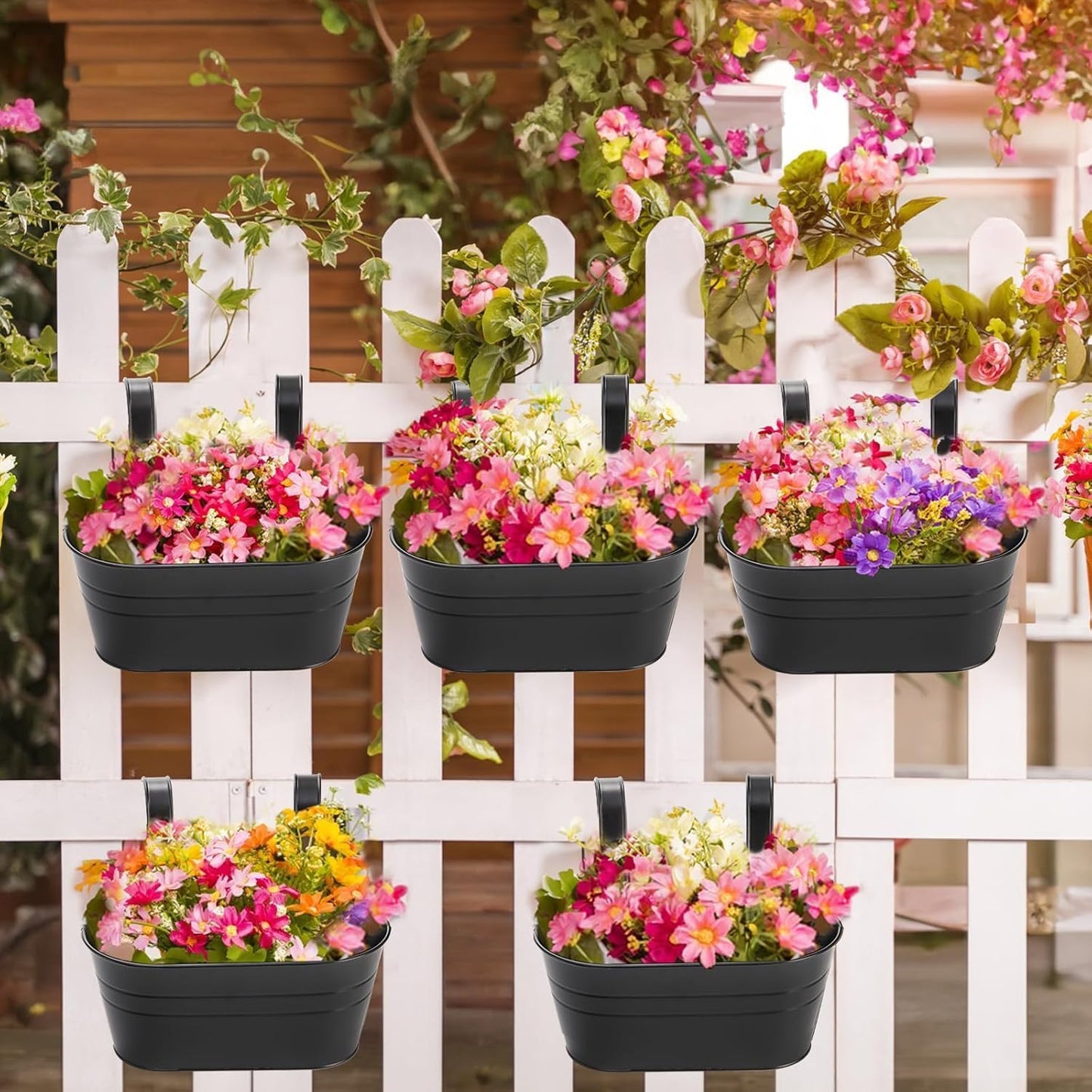 5 Pack Black Metal Hanging Rail Planters – Flower Pots for Balcony, Fence & Deck