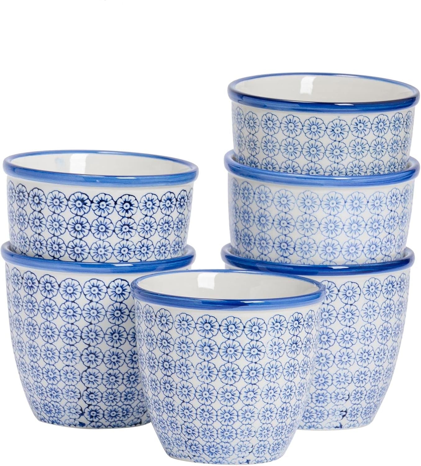 Patterned Plant Pots - Navy - 6 Pack - 14Cm Porcelain Indoor Ceramic Planter with Drainage Holes Outdoor Garden Flower Pots for House & Garden Flowers